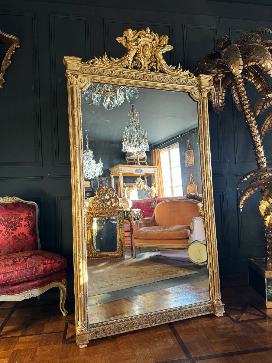 Napoleon III Period Fireplace Mirror In Golden Wood With Putti Decor - 19th Century-photo-2