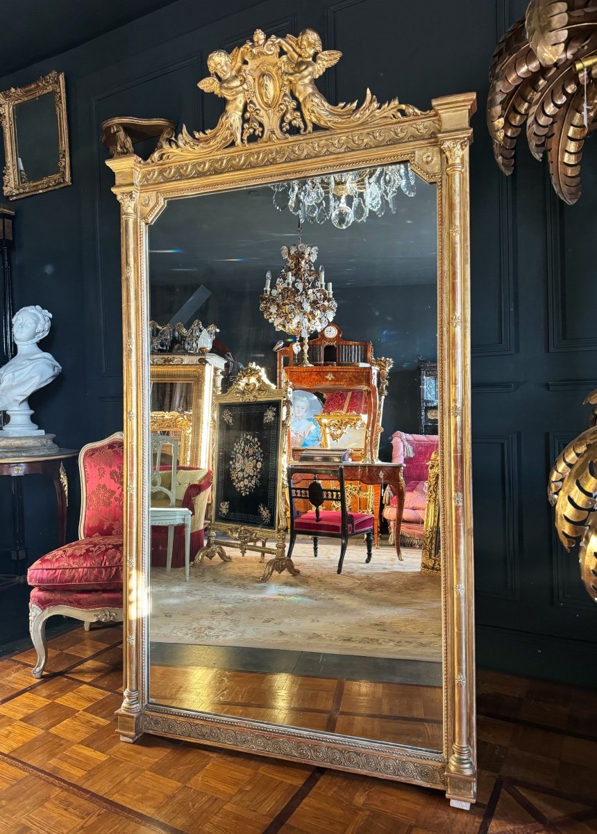 Napoleon III Period Fireplace Mirror In Golden Wood With Putti Decor - 19th Century-photo-3