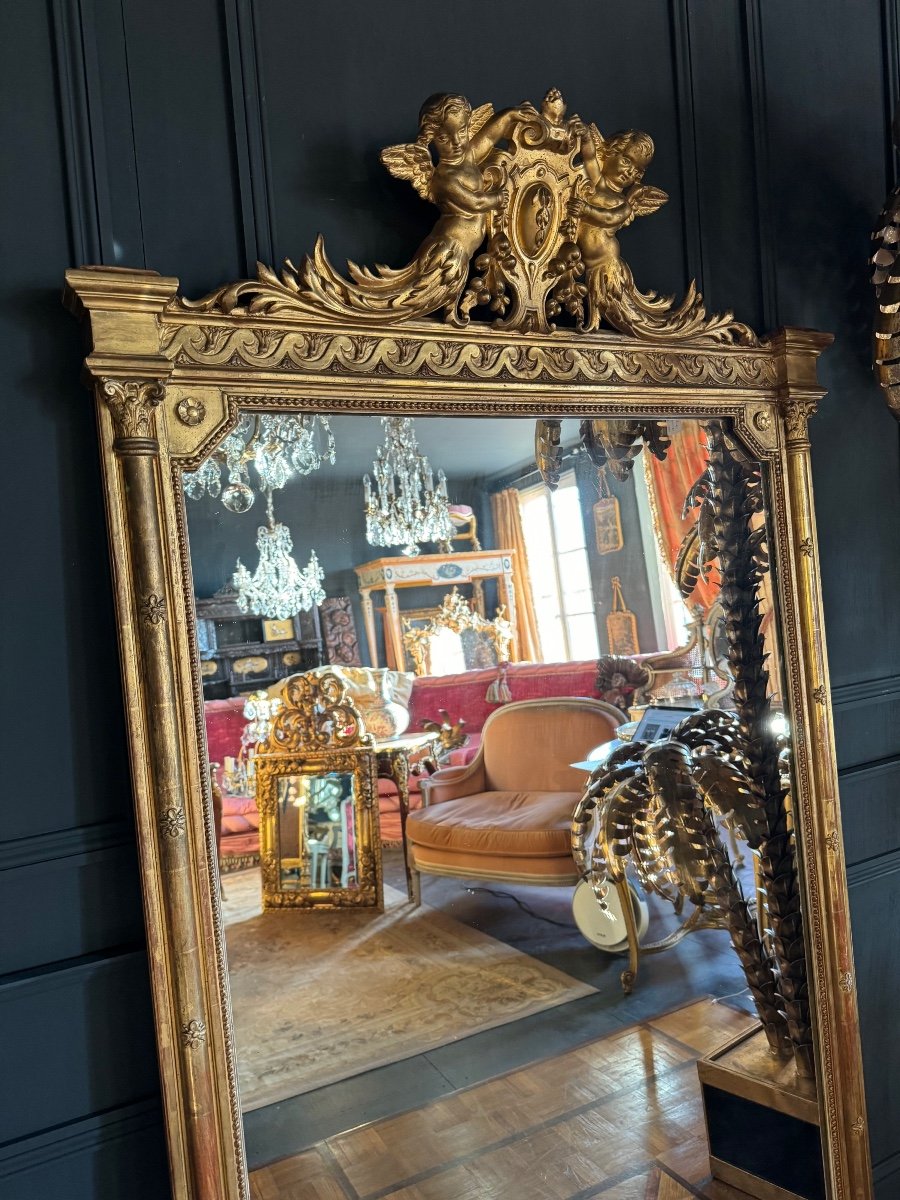 Napoleon III Period Fireplace Mirror In Golden Wood With Putti Decor - 19th Century-photo-4