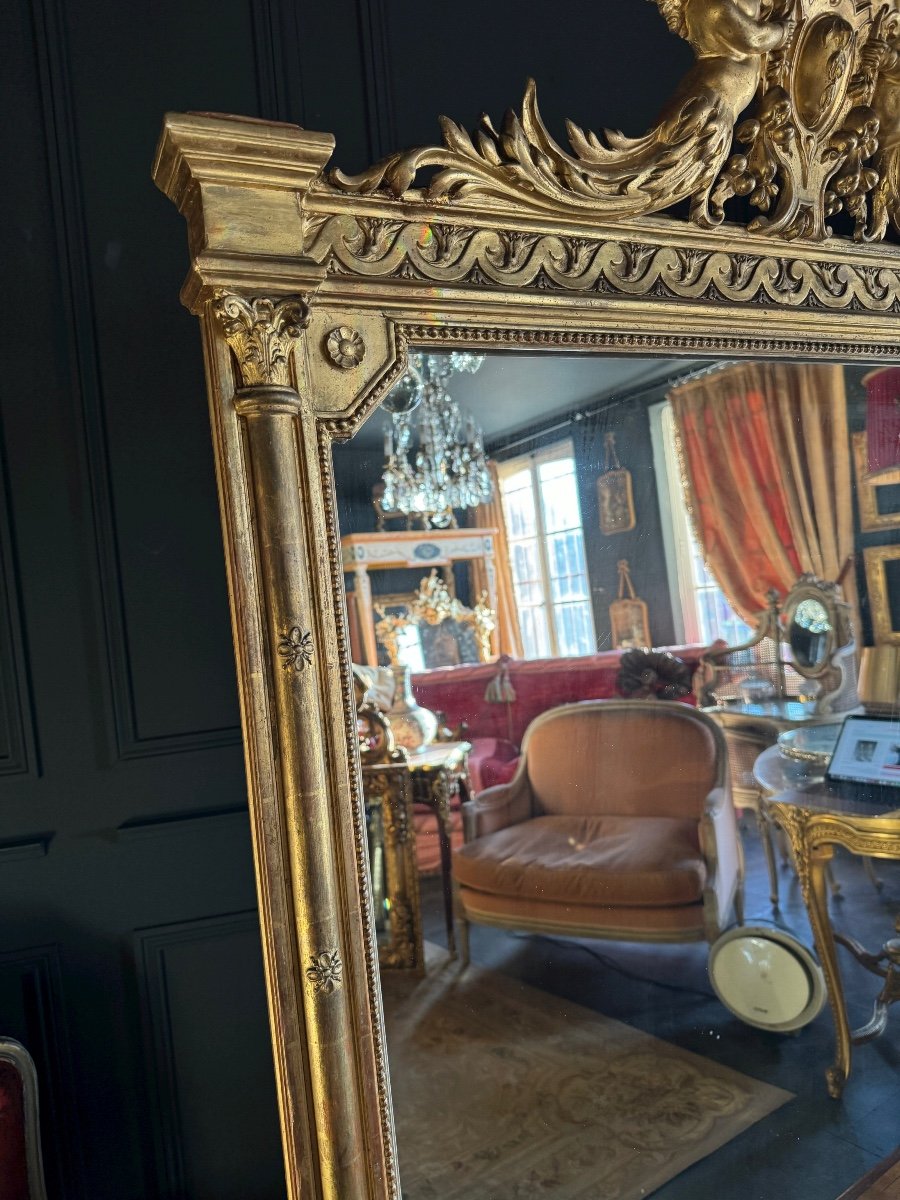 Napoleon III Period Fireplace Mirror In Golden Wood With Putti Decor - 19th Century-photo-3