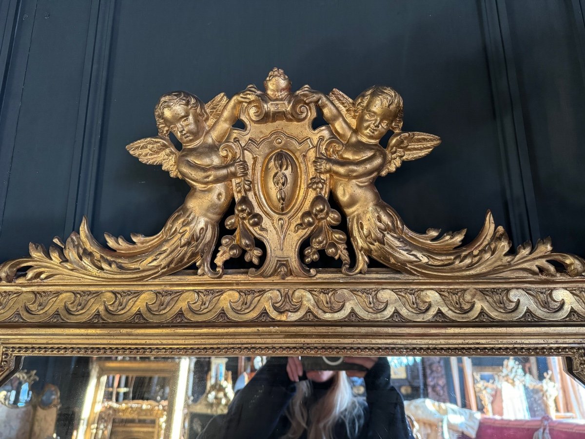 Napoleon III Period Fireplace Mirror In Golden Wood With Putti Decor - 19th Century-photo-4