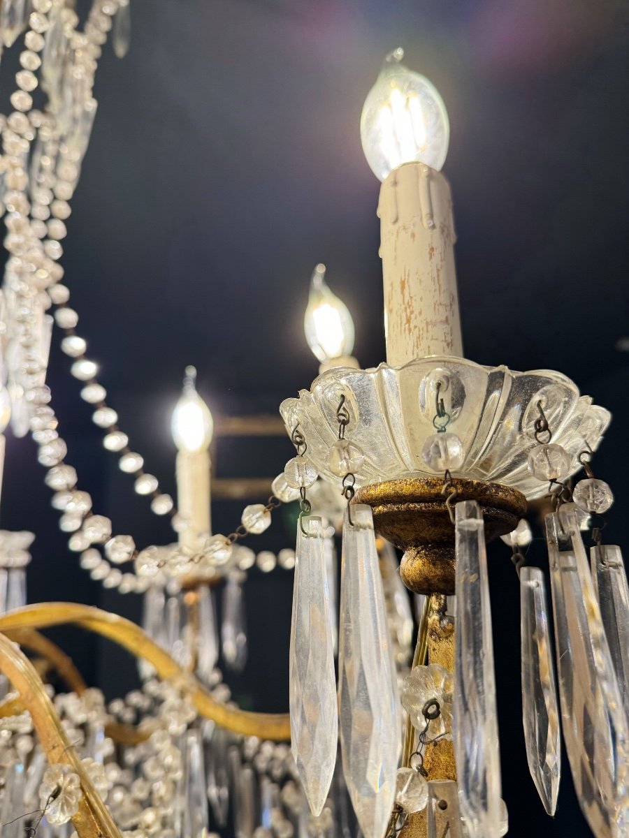 Large 19th Century Italian / Genoese Chandelier In Gilded Wood And Crystal-photo-4