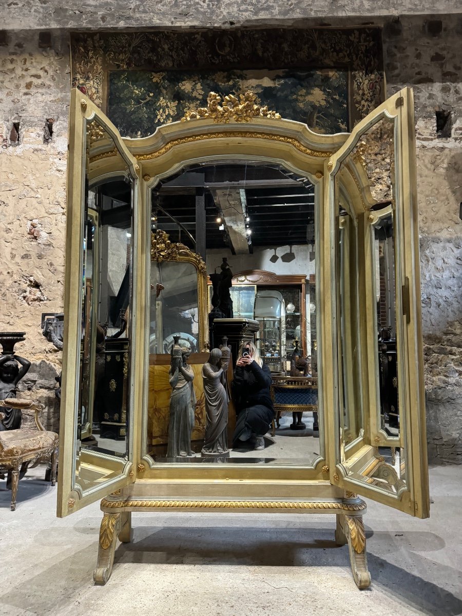 Triptych Mirror In Gilded And Carved Wood In Louis XVI Style-photo-2