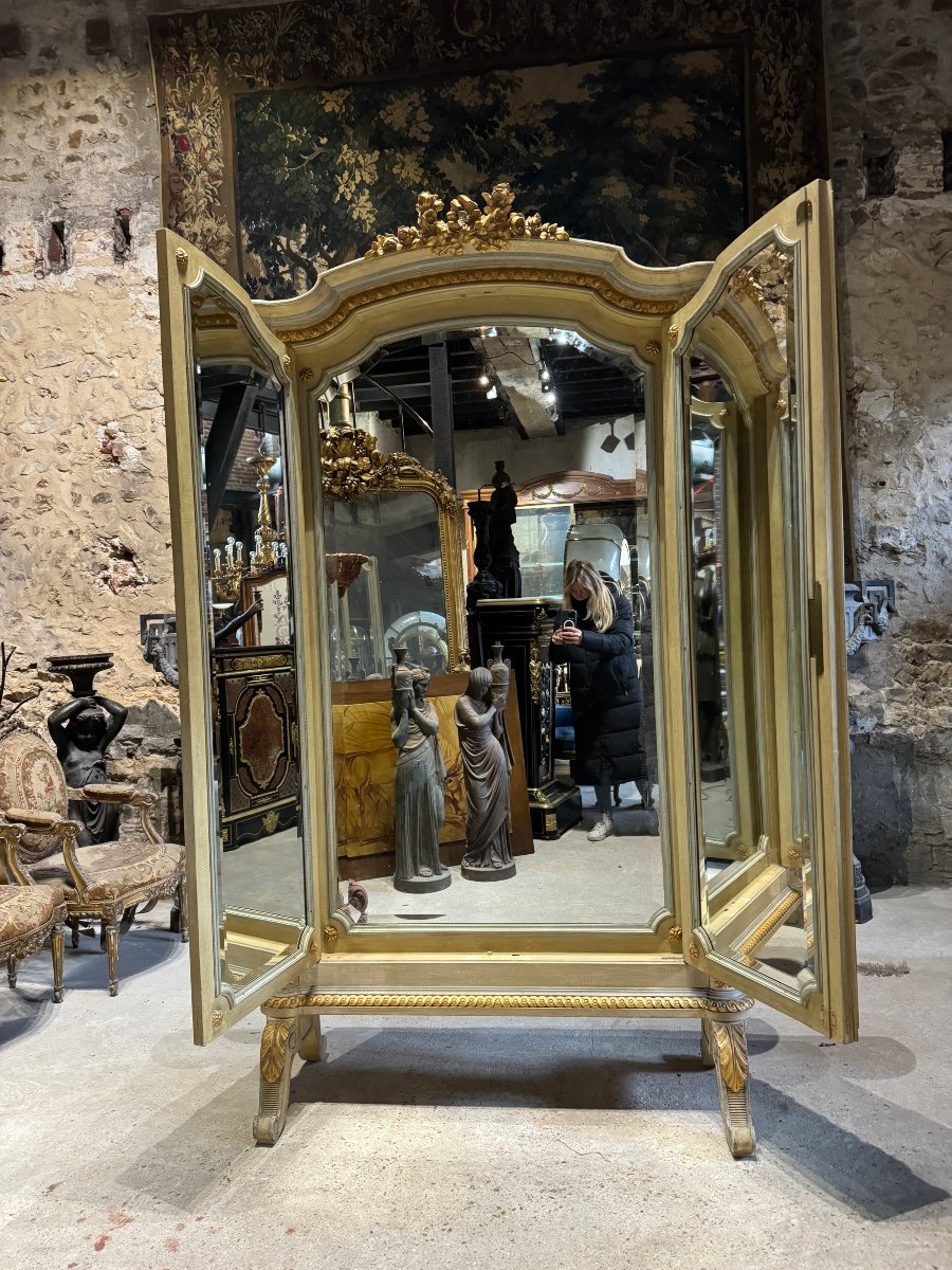 Triptych Mirror In Gilded And Carved Wood In Louis XVI Style-photo-7
