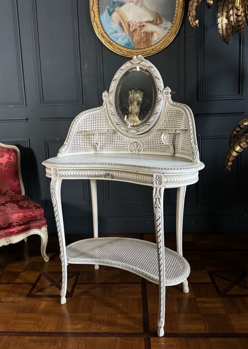 19th Century Dressing Table In Painted Wood And Louis XVI Style Canework