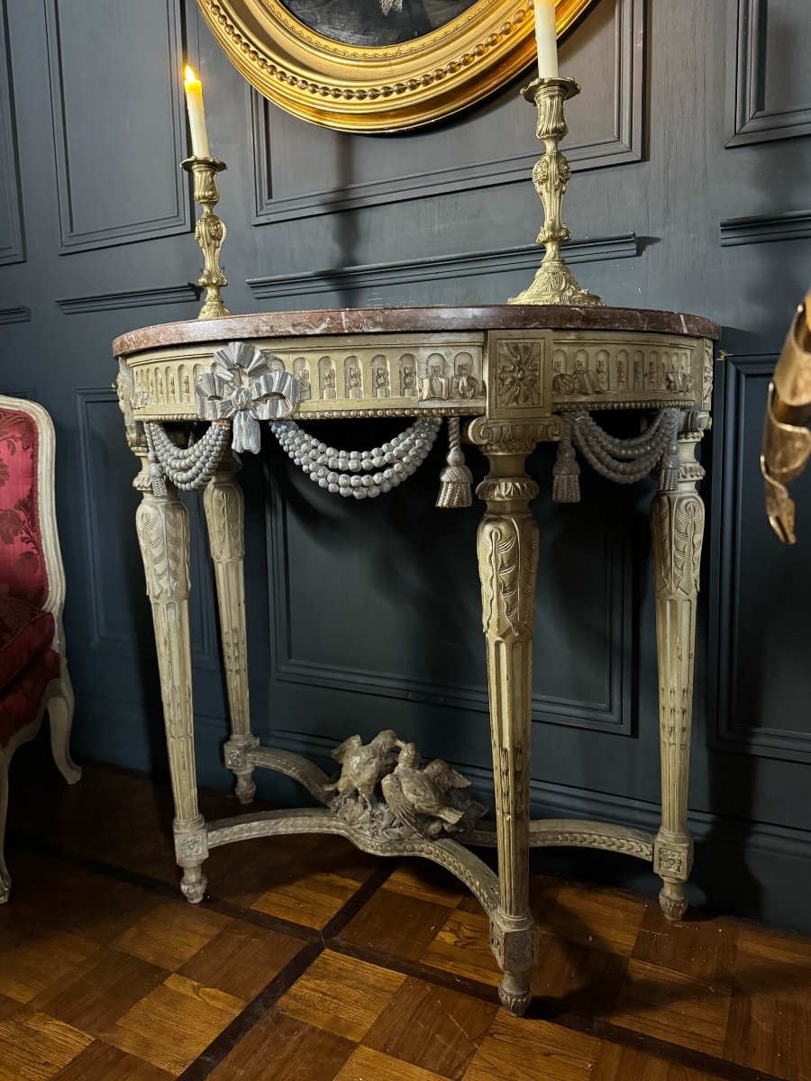 Console With 4 Legs From The 19th Century Decorated With Garlands And Doves, Louis XVI Style-photo-2