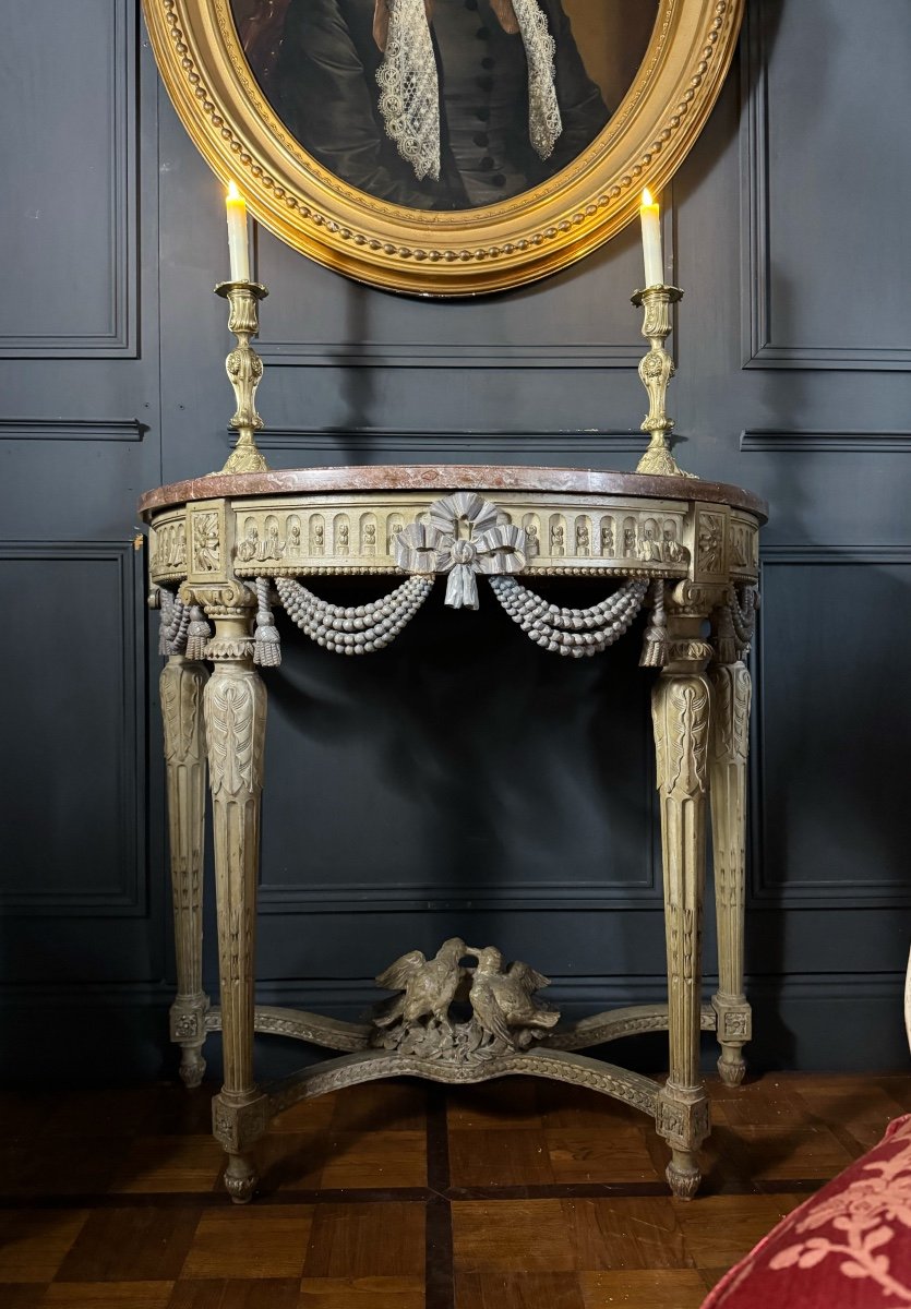 Console With 4 Legs From The 19th Century Decorated With Garlands And Doves, Louis XVI Style