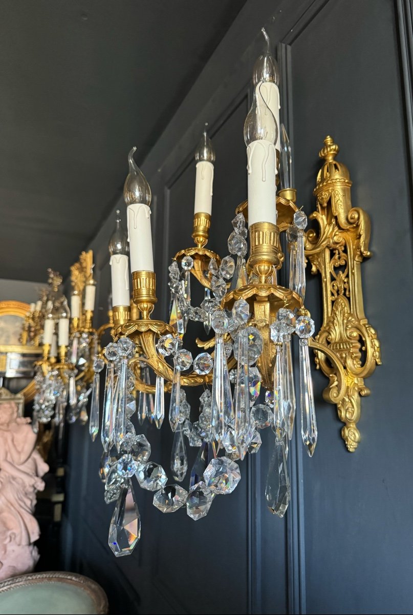 Pair Of 19th Century Sconces In Gilt Bronze And Louis XIV Style Crystal Pendants-photo-2