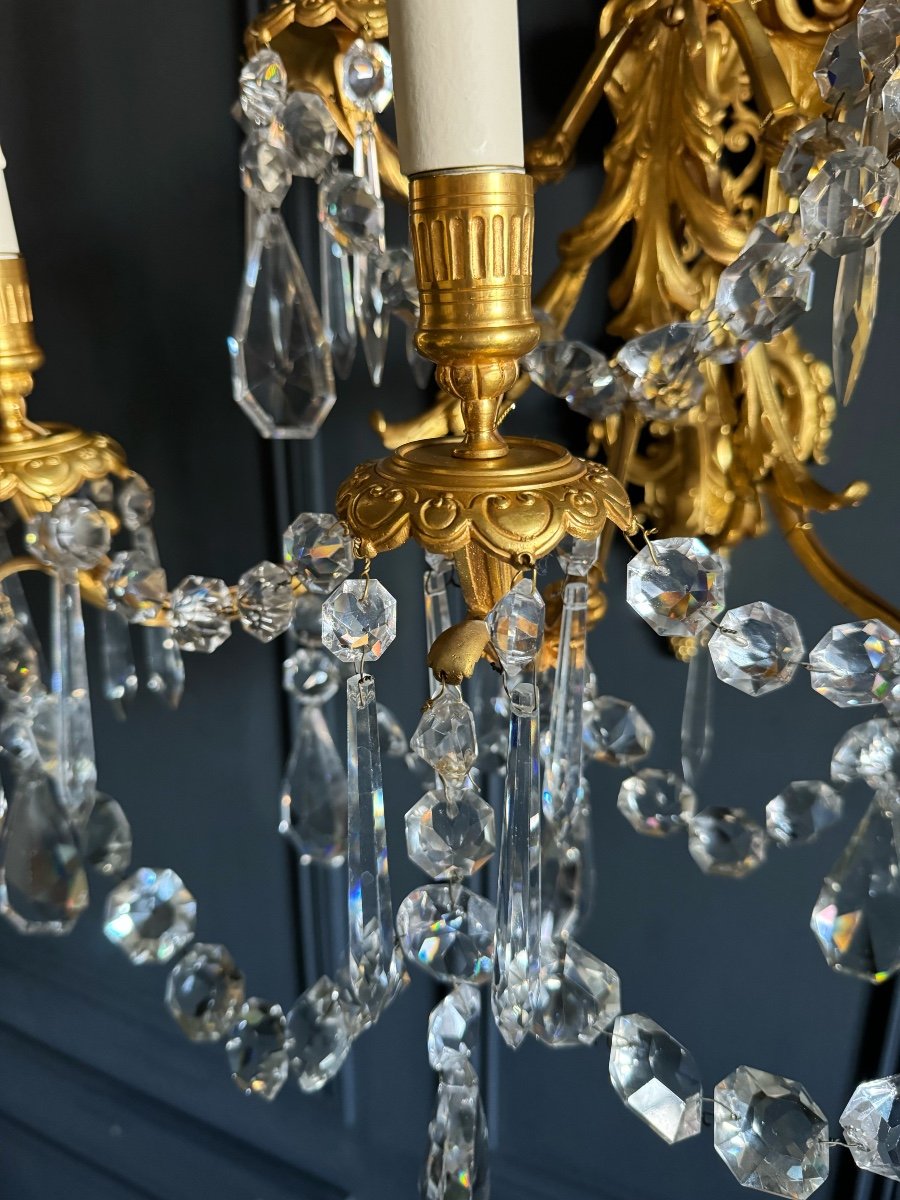 Paire D’appliques Luminaires Du XIXe En Bronze Doré Et Pampilles En Cristal De Style Louis XIV-photo-4