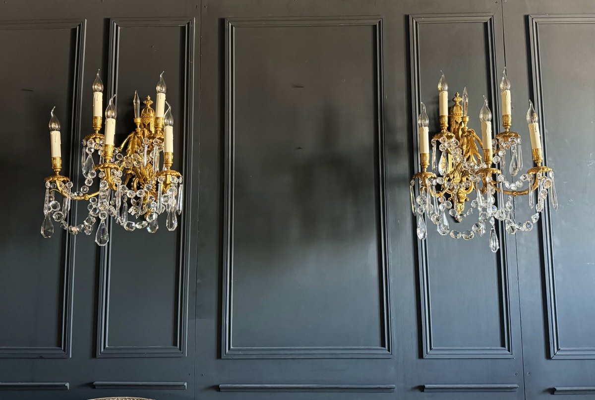 Pair Of 19th Century Sconces In Gilt Bronze And Louis XIV Style Crystal Pendants