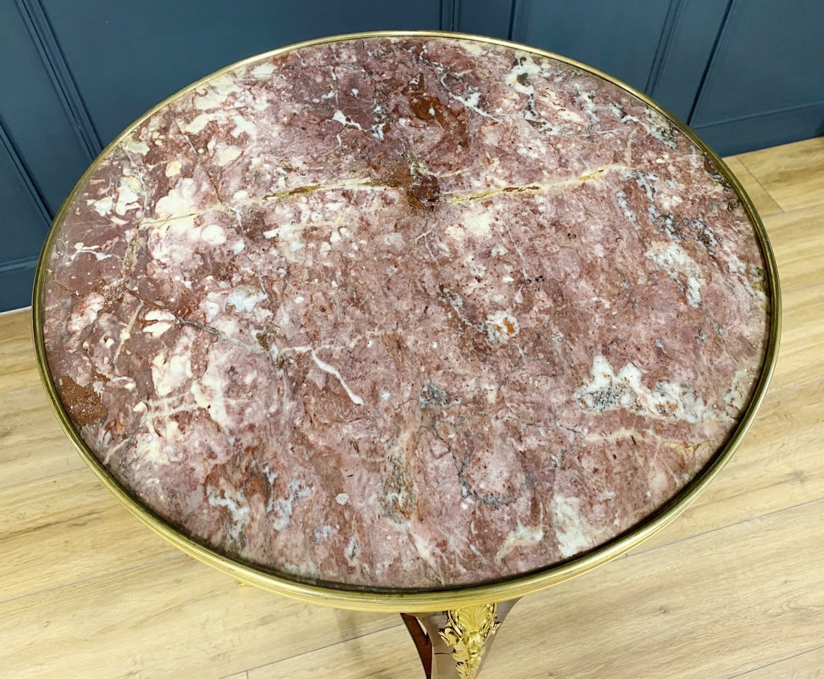 Napoleon III Period Pedestal Table In Marquetry Decorated With Beautiful Gilded Bronzes-photo-4