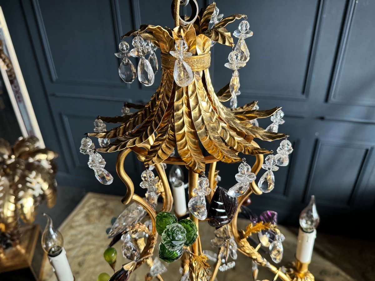 Lustre pagode De La Maison Bagues En Bronze Doré à Décor De Fleurs et de fruits En Verre - XXe-photo-3