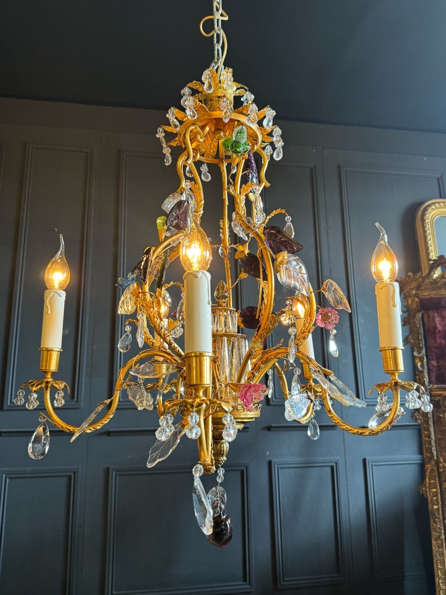 Lustre pagode De La Maison Bagues En Bronze Doré à Décor De Fleurs et de fruits En Verre - XXe