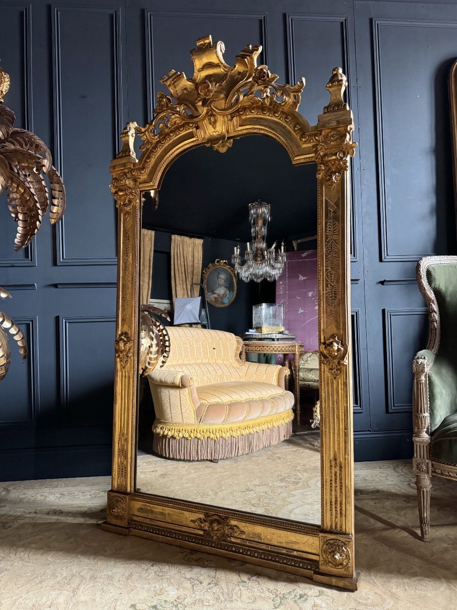 Miroir De Cheminée D’époque Napoléon III En Bois Doré Avec Sa Glace Au Mercure - XIXe -photo-3