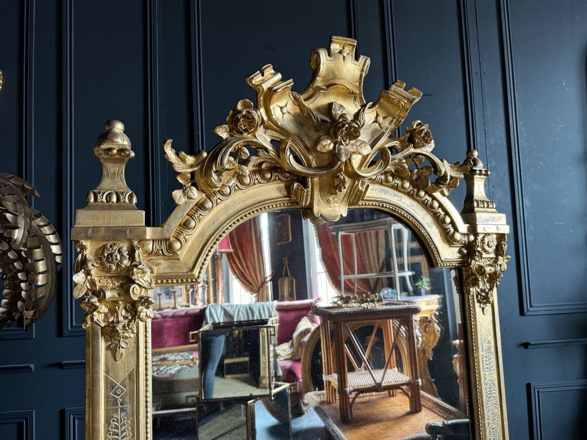 Miroir De Cheminée D’époque Napoléon III En Bois Doré Avec Sa Glace Au Mercure - XIXe -photo-1