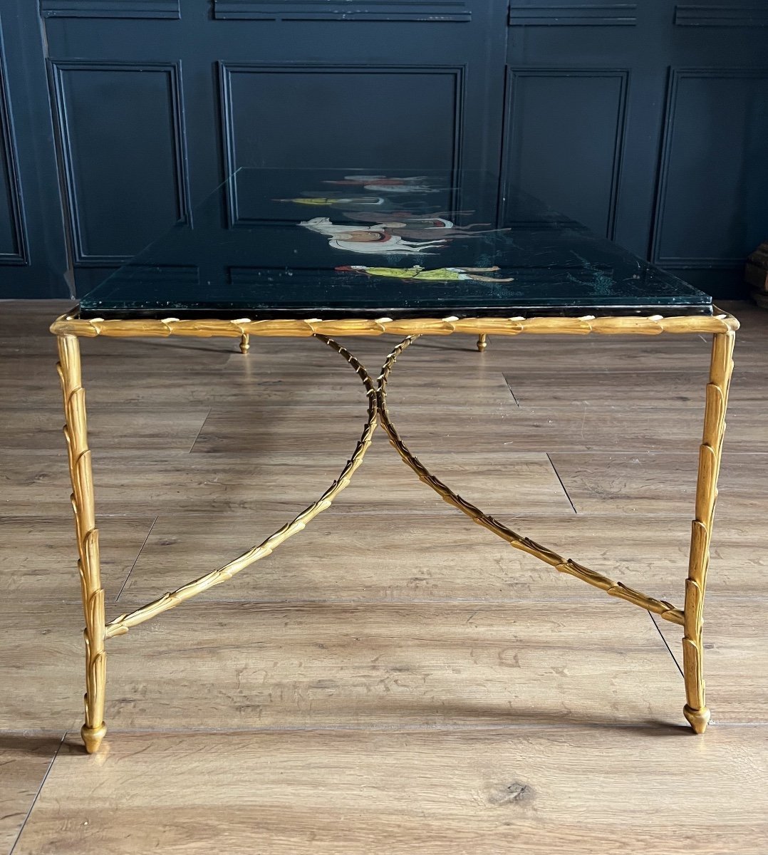 Maison Baguès : Table Basse En Bronze Doré Et Rare Plateau En Laque De Chine Japonisant-photo-3
