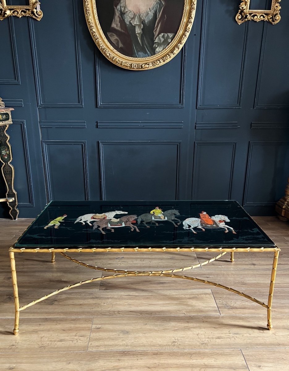 Maison Baguès : Table Basse En Bronze Doré Et Rare Plateau En Laque De Chine Japonisant