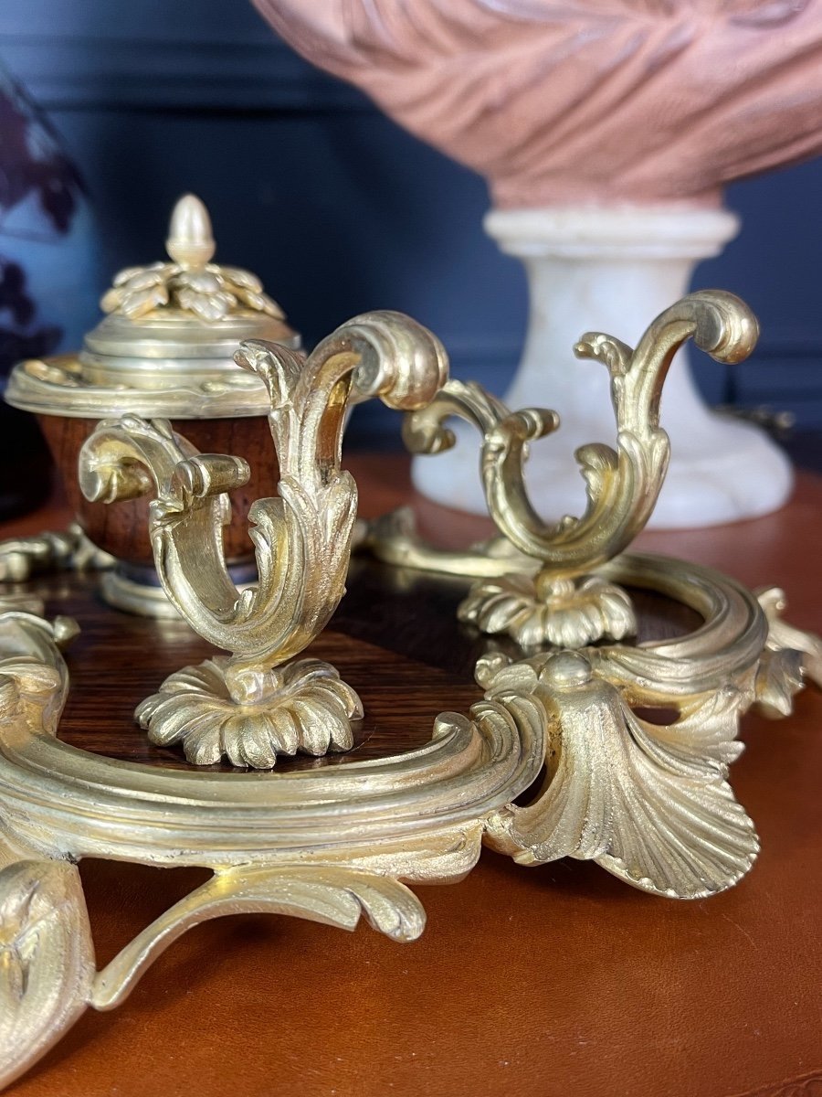 Maison Millet : Encrier De Bureau De Style Louis XV En Marqueterie Et Bronze Doré - XIXe-photo-4