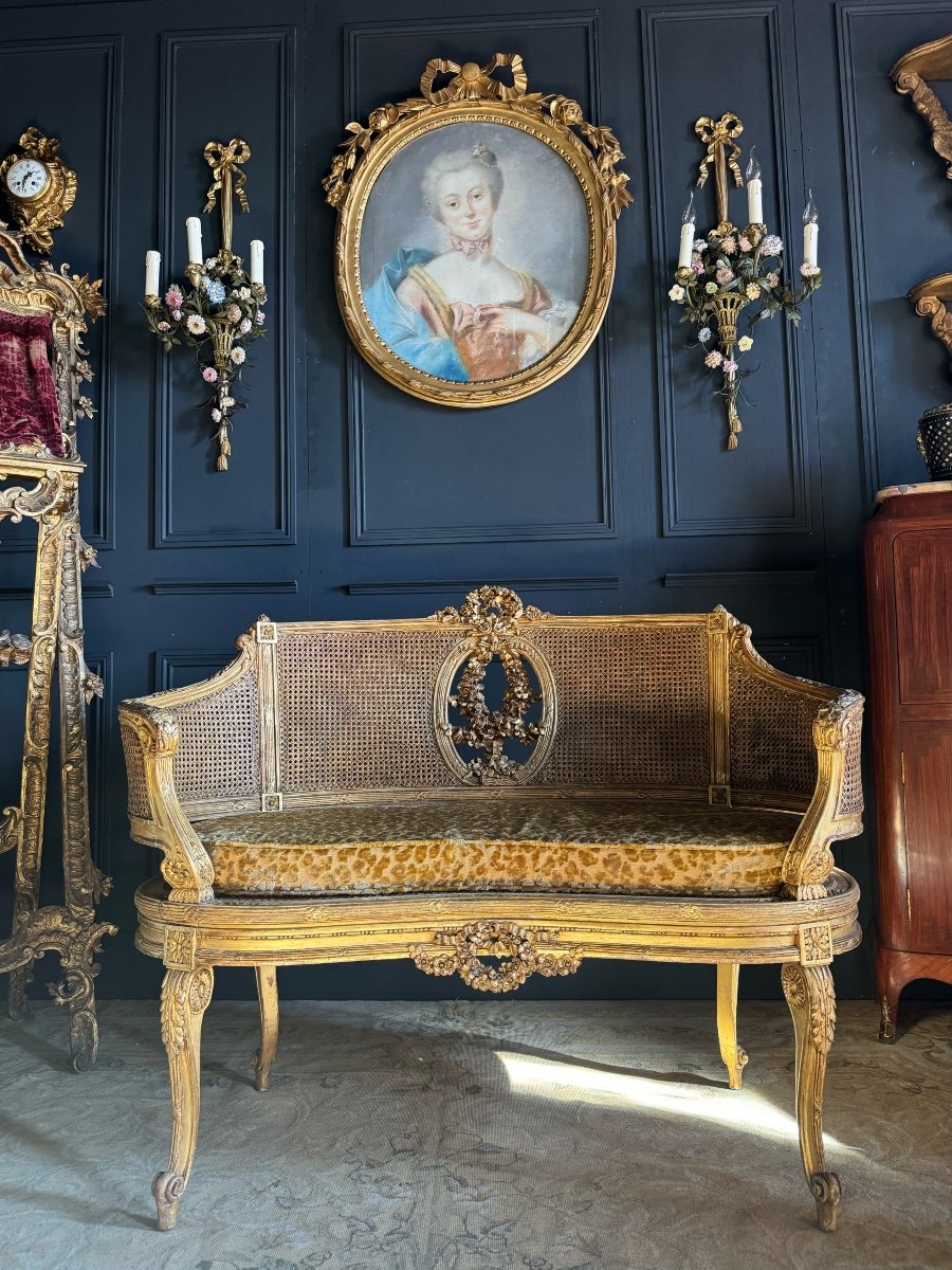 Napoleon III Period Sofa / Bench In Gilded Wood And Louis XV Style Canework - 19th Century