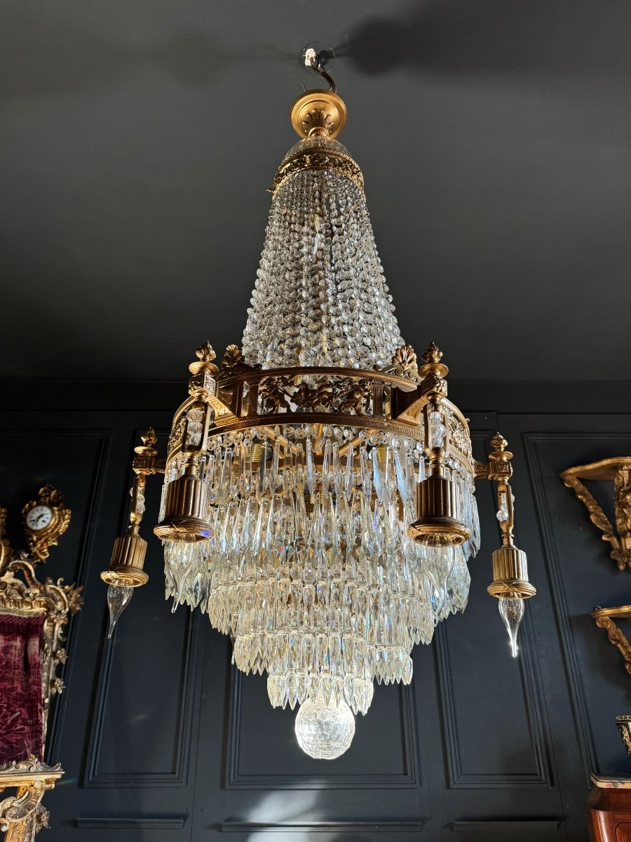 Lustre Du XIXe En Bronze Doré Et Pampilles En Cristal De Style Louis XVI - H125cm-photo-3