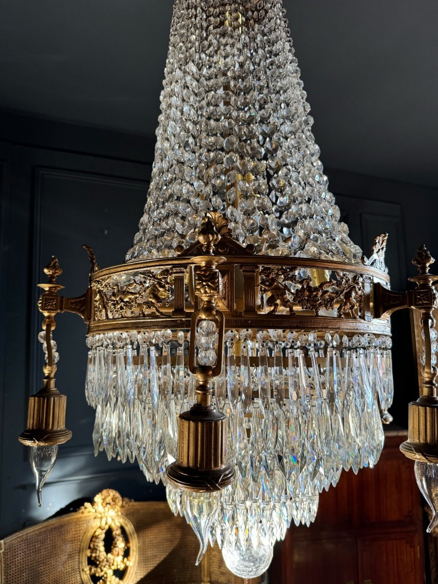 Lustre Du XIXe En Bronze Doré Et Pampilles En Cristal De Style Louis XVI - H125cm-photo-3
