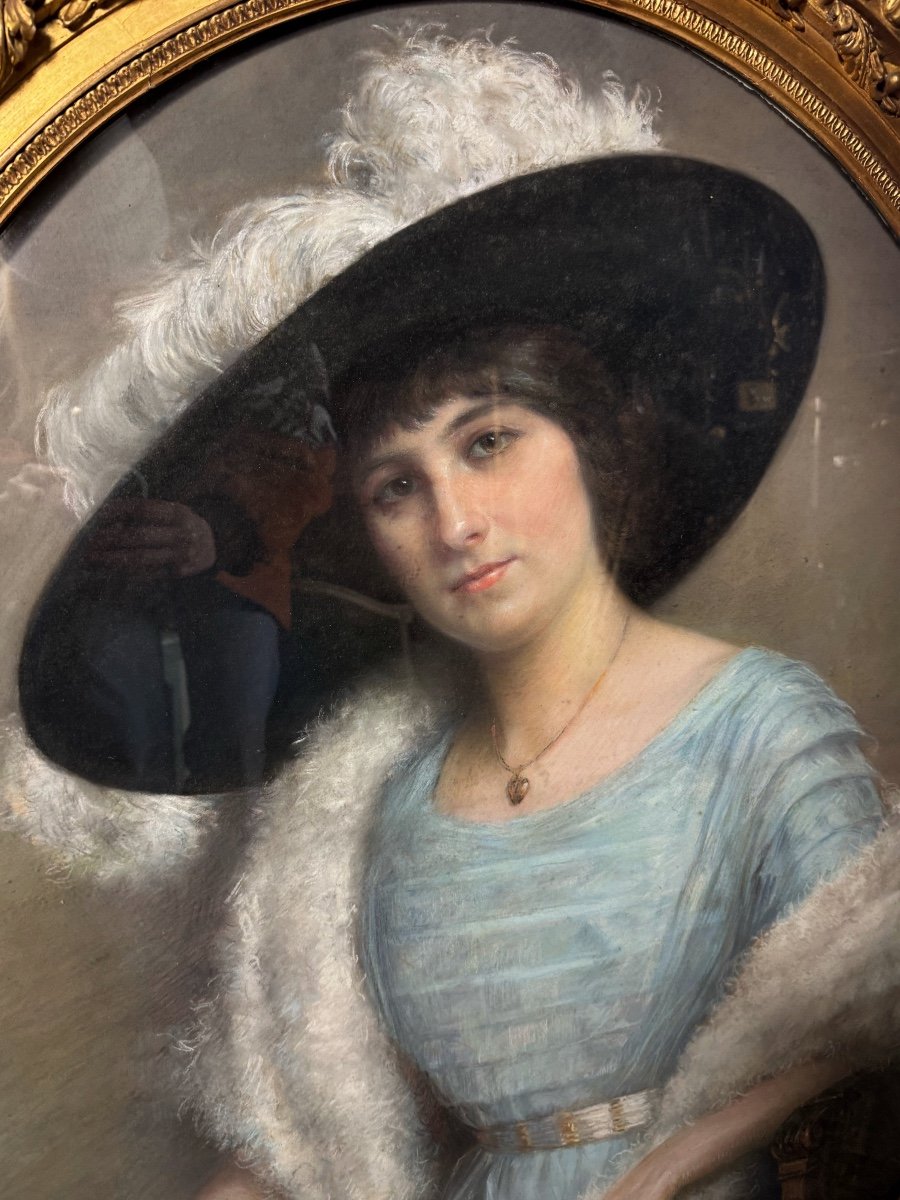 Albert Baure (fin XIXe) : Pastel D’une Femme Au Chapeau Vers 1900-photo-2