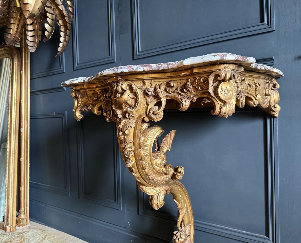 Console Au Dragon D’époque Napoléon III En Bois Doré Et Sculpté - XIXe-photo-1