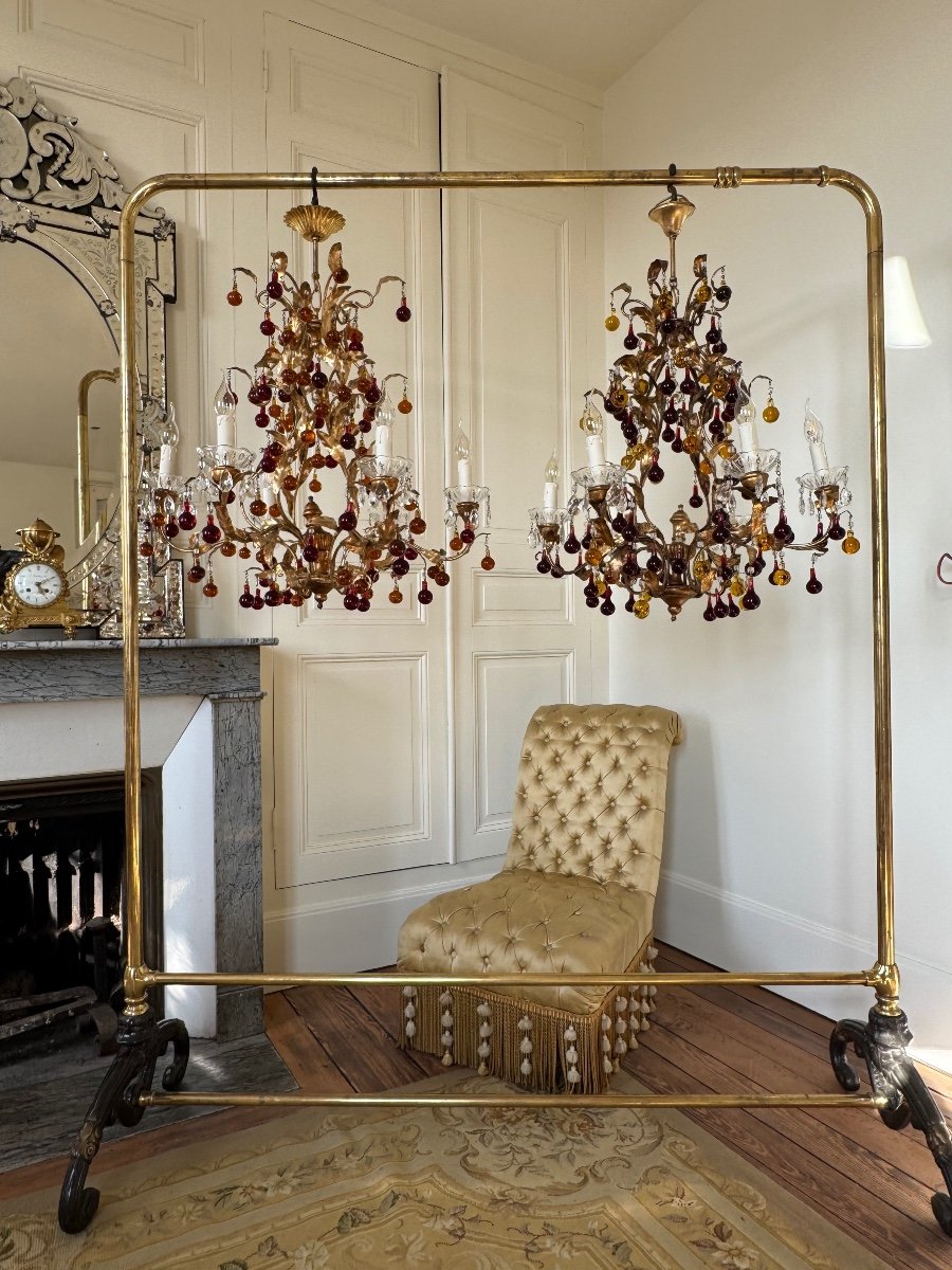 Pair Of 70s Chandeliers In Gold Metal And Crystal Tassels - 20th Century -photo-4