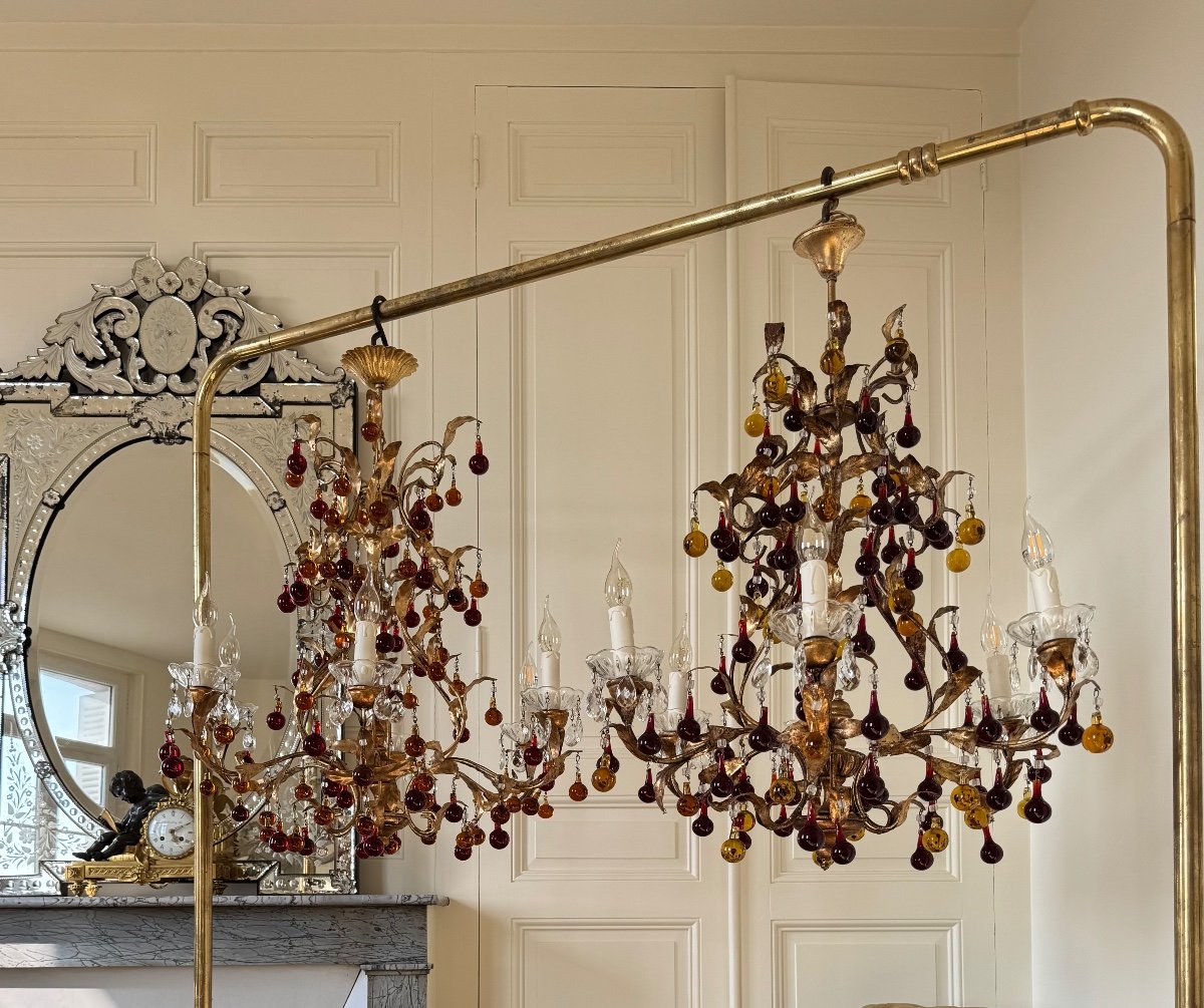 Pair Of 70s Chandeliers In Gold Metal And Crystal Tassels - 20th Century -photo-3