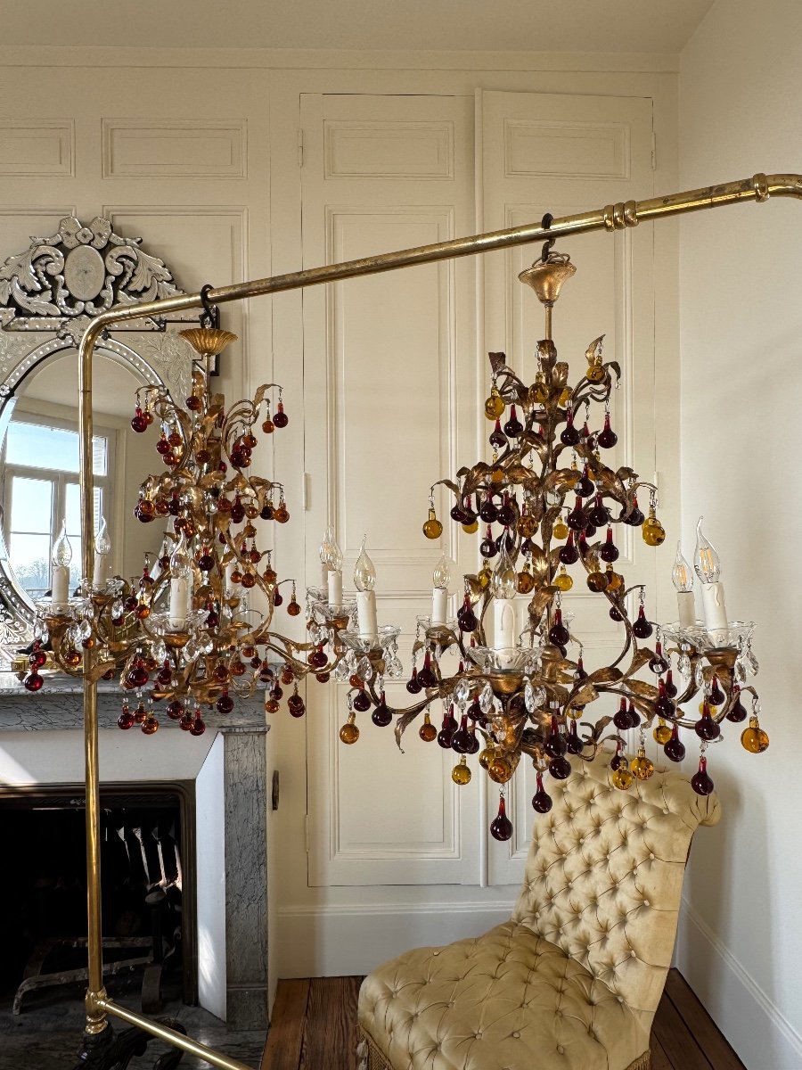 Pair Of 70s Chandeliers In Gold Metal And Crystal Tassels - 20th Century -photo-2
