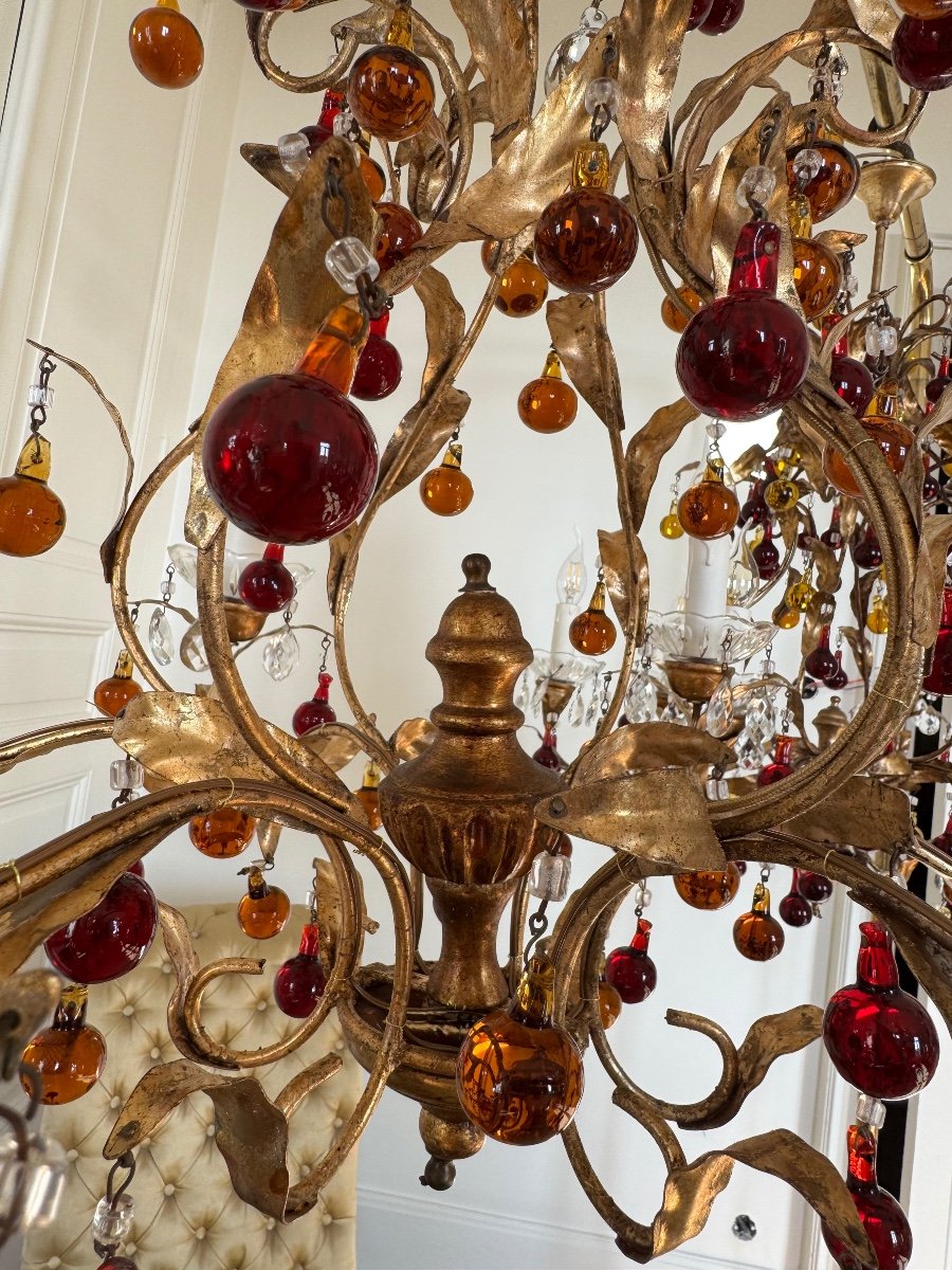 Pair Of 70s Chandeliers In Gold Metal And Crystal Tassels - 20th Century -photo-3