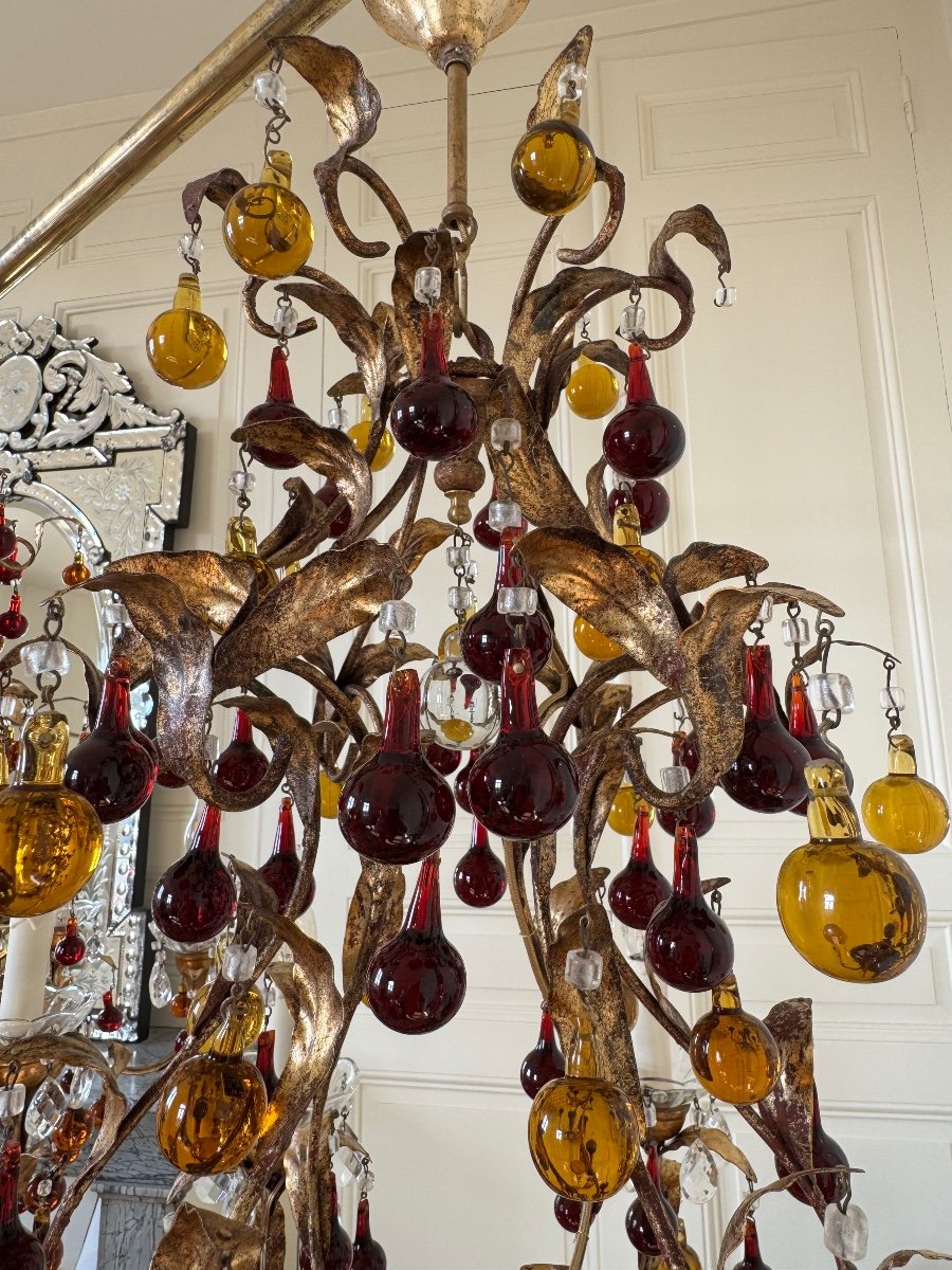 Pair Of 70s Chandeliers In Gold Metal And Crystal Tassels - 20th Century -photo-6
