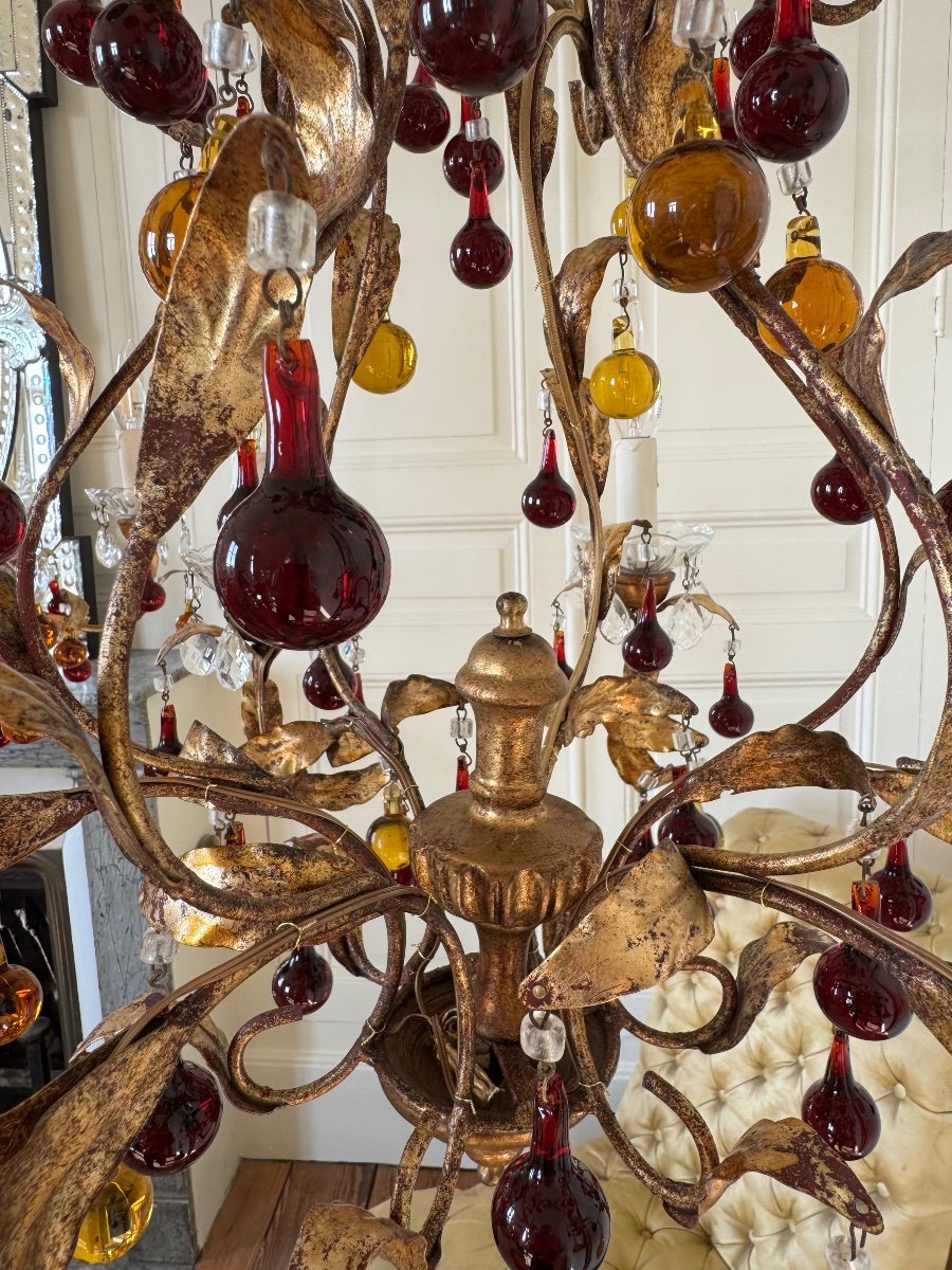 Pair Of 70s Chandeliers In Gold Metal And Crystal Tassels - 20th Century -photo-7
