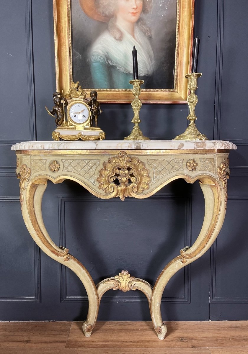 Napoleon III Period Console In Painted And Gilded Wood In Louis XV Style - 19th Century-photo-2