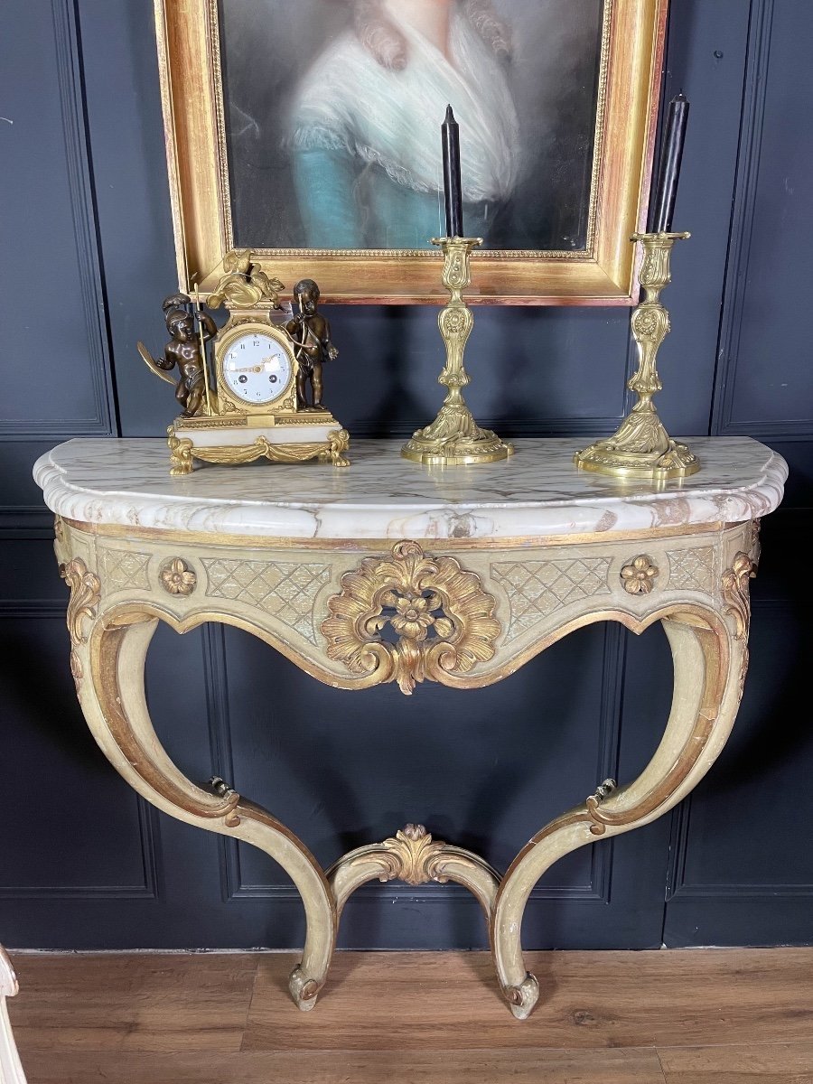 Napoleon III Period Console In Painted And Gilded Wood In Louis XV Style - 19th Century-photo-1