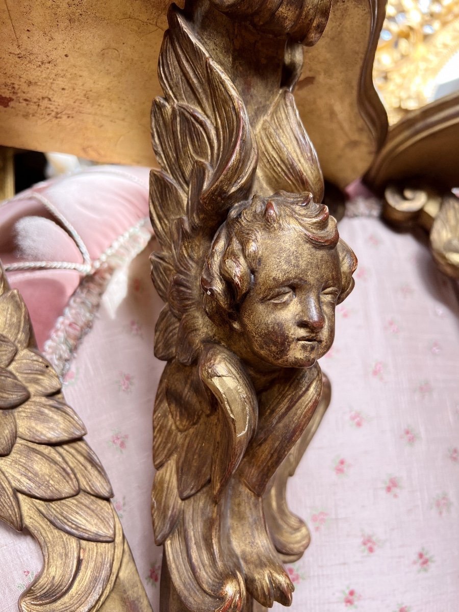 Paire De Consoles d'Appliques d'époque Napoléon III En Bois Doré à Décor De Têtes De Chérubins-photo-1