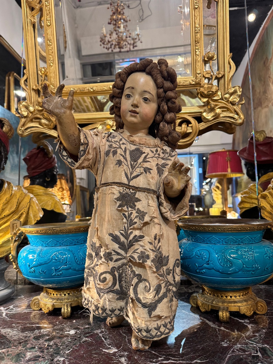 Statue De Jesus « en Majesté » Du XVIIIe En Bois Sculpté Avec Sa Polychromie D’origine - Italie-photo-2