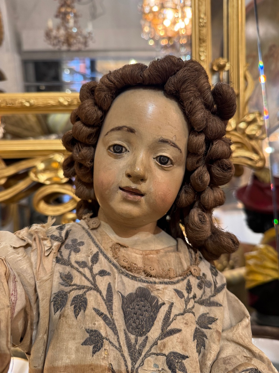 Statue De Jesus « en Majesté » Du XVIIIe En Bois Sculpté Avec Sa Polychromie D’origine - Italie-photo-2