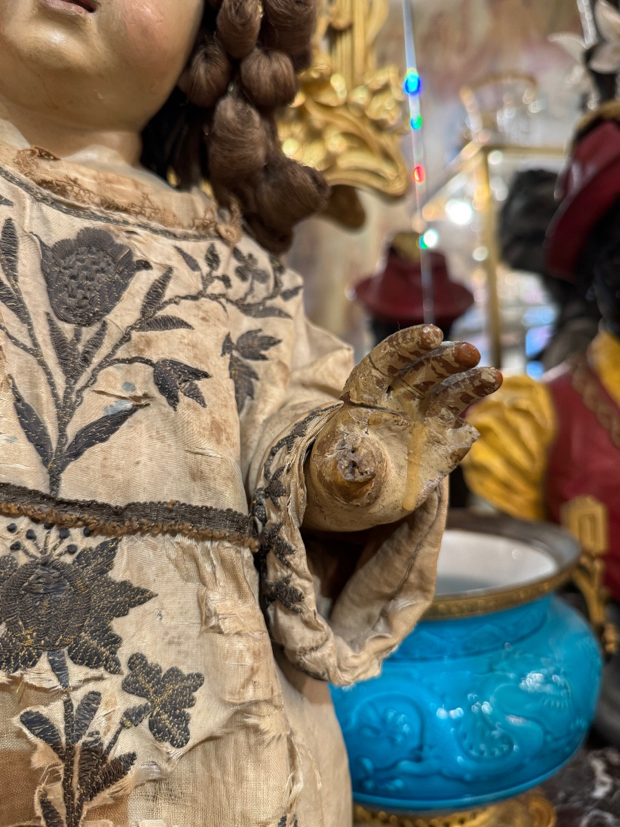 Statue De Jesus « en Majesté » Du XVIIIe En Bois Sculpté Avec Sa Polychromie D’origine - Italie-photo-3
