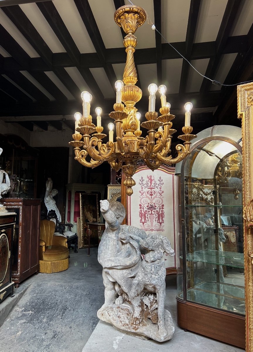 Important Louis XV Style Giltwood Chandelier With 12 Light Branches - Late 19th Century-photo-2
