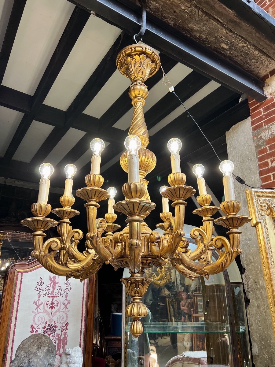 Important Louis XV Style Giltwood Chandelier With 12 Light Branches - Late 19th Century