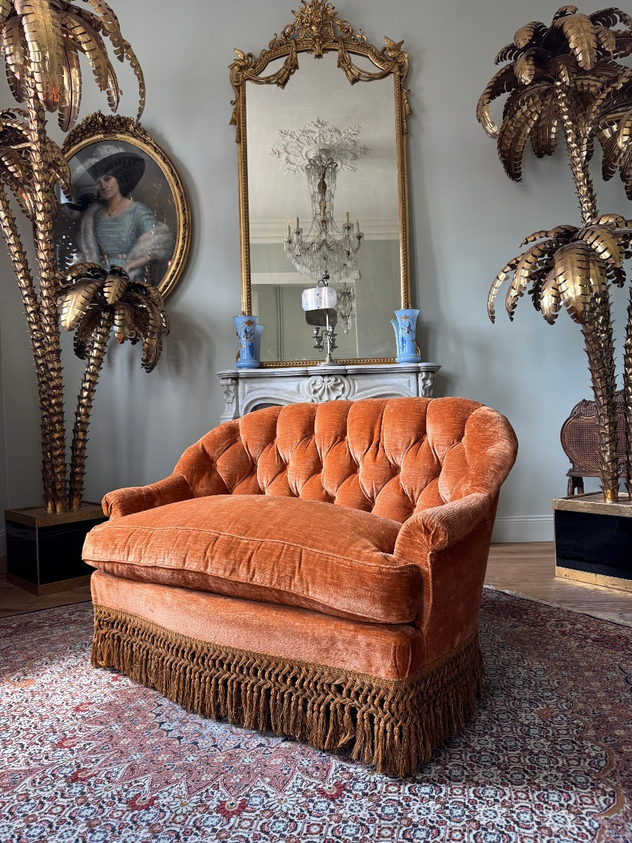 Canapé « Boudoir » D’époque Napoléon III En Tissu Capitonné - XIXe Siècle -photo-2