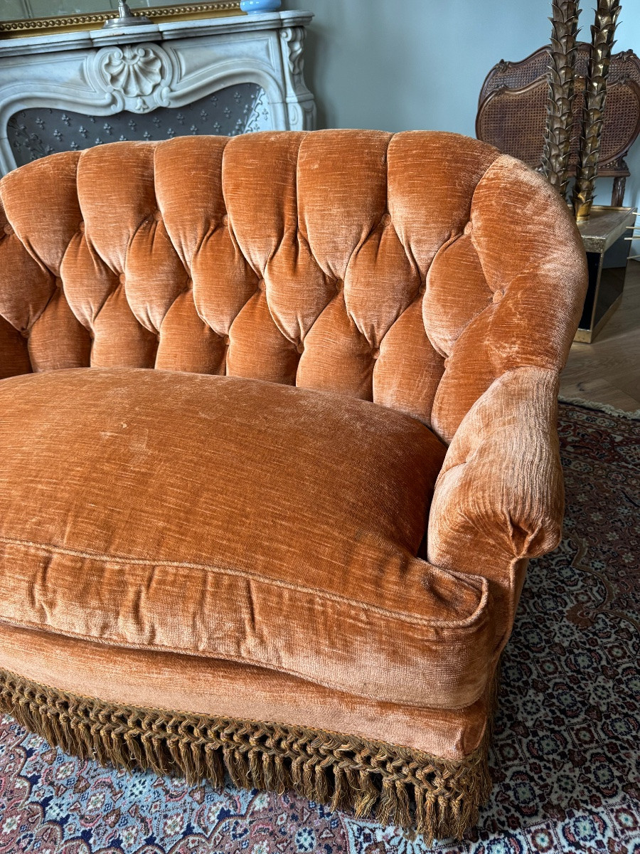 Canapé « Boudoir » D’époque Napoléon III En Tissu Capitonné - XIXe Siècle -photo-2