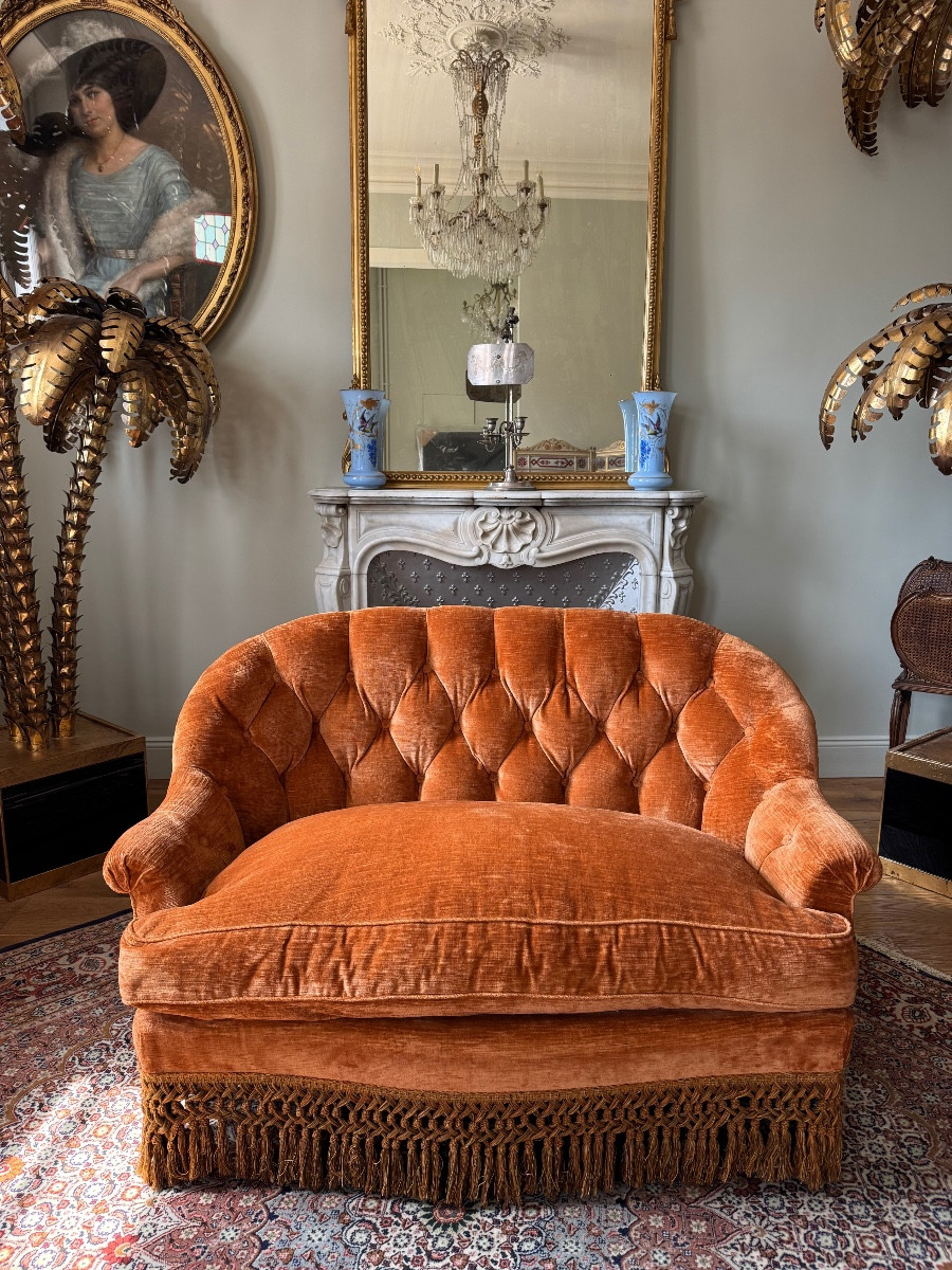 Canapé « Boudoir » D’époque Napoléon III En Tissu Capitonné - XIXe Siècle 