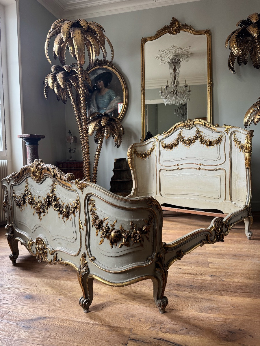 Lit d’époque Napoléon III en bois peint et doré de style Louis XV - XIXe siècle-photo-3