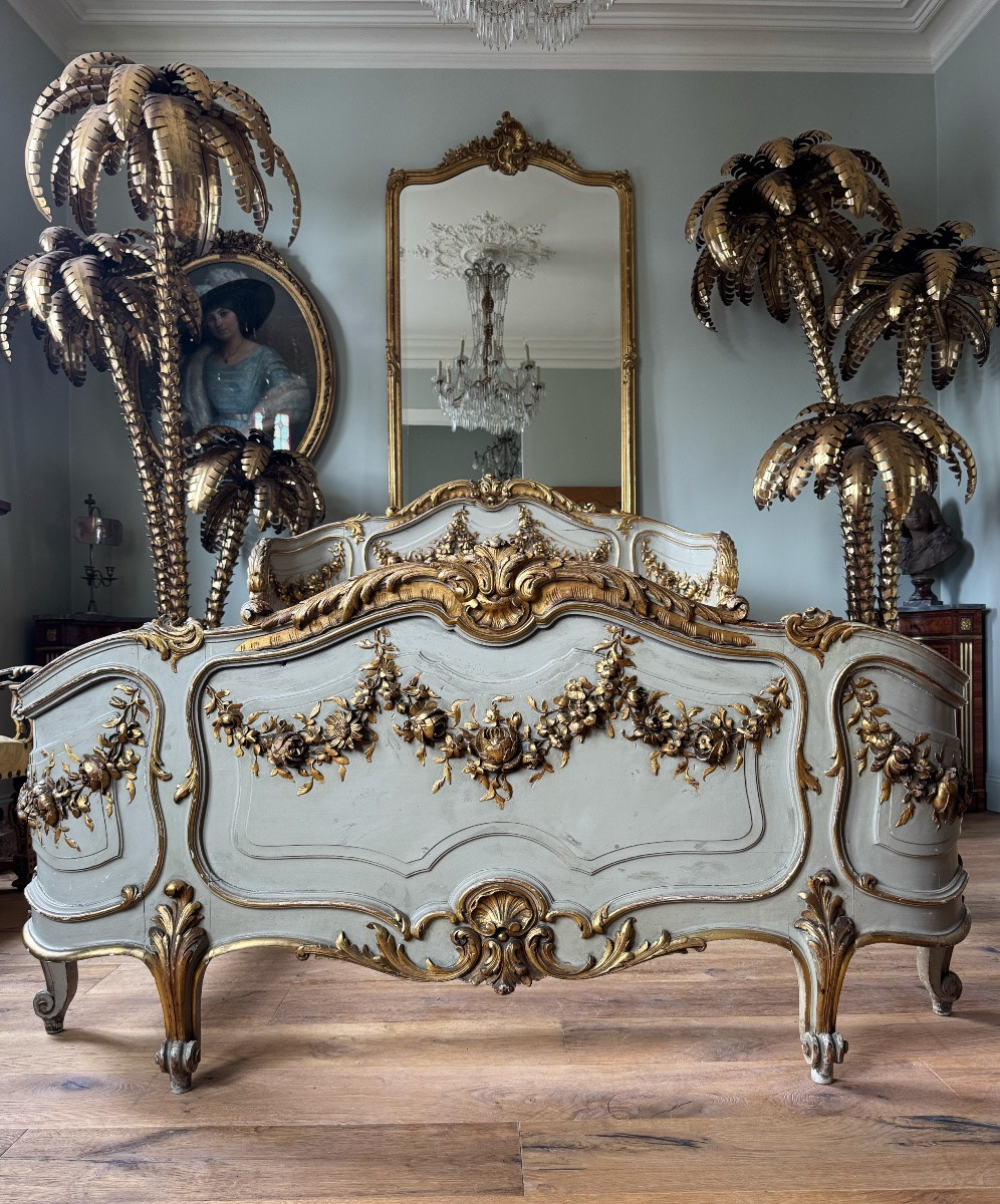 Lit d’époque Napoléon III en bois peint et doré de style Louis XV - XIXe siècle-photo-4