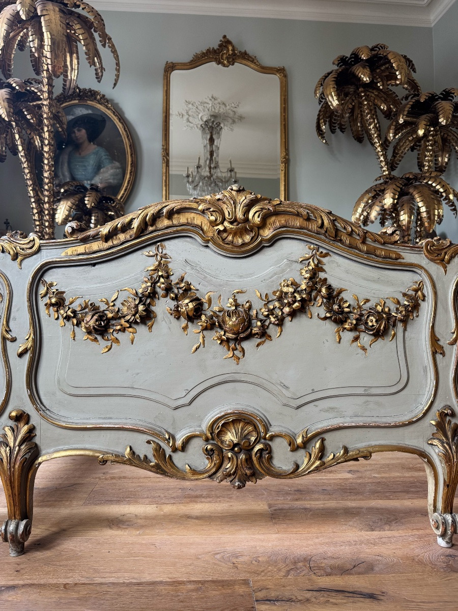 Lit d’époque Napoléon III en bois peint et doré de style Louis XV - XIXe siècle-photo-2