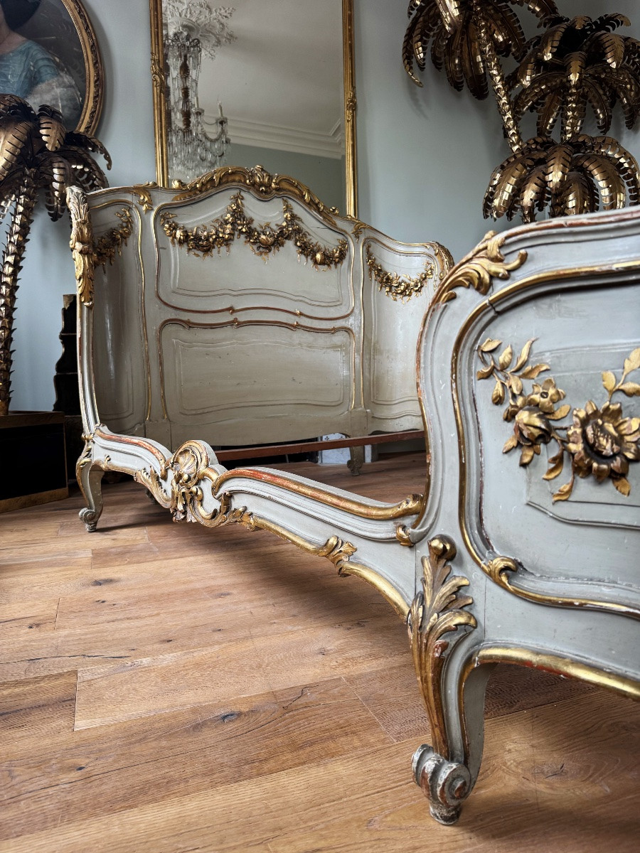 Lit d’époque Napoléon III en bois peint et doré de style Louis XV - XIXe siècle-photo-3