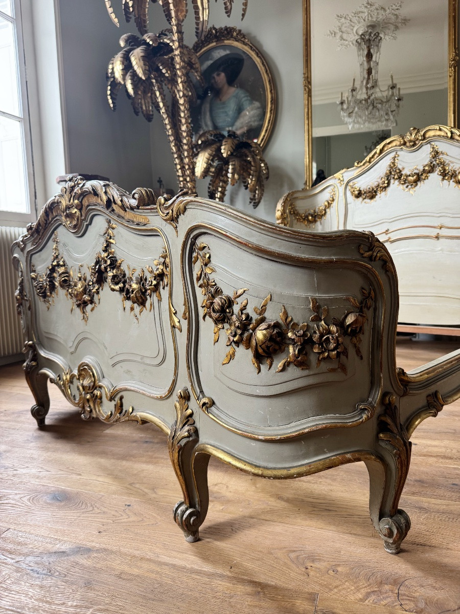Lit d’époque Napoléon III en bois peint et doré de style Louis XV - XIXe siècle-photo-4