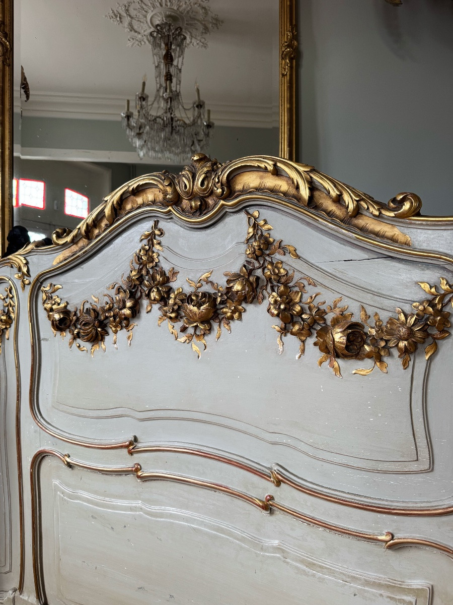 Lit d’époque Napoléon III en bois peint et doré de style Louis XV - XIXe siècle-photo-6